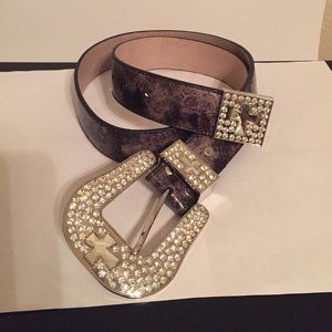 Nocona Belt Co. Women’s Black Gray Belt with Rhinestone Buckle Cross Bling